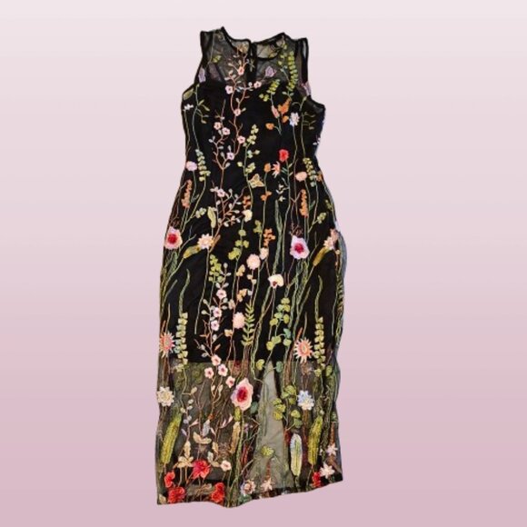 Forever 21 Black Floral Embroidered Sleeveless Sheer Mesh Dress-Size MEDIUM - Picture 1 of 9